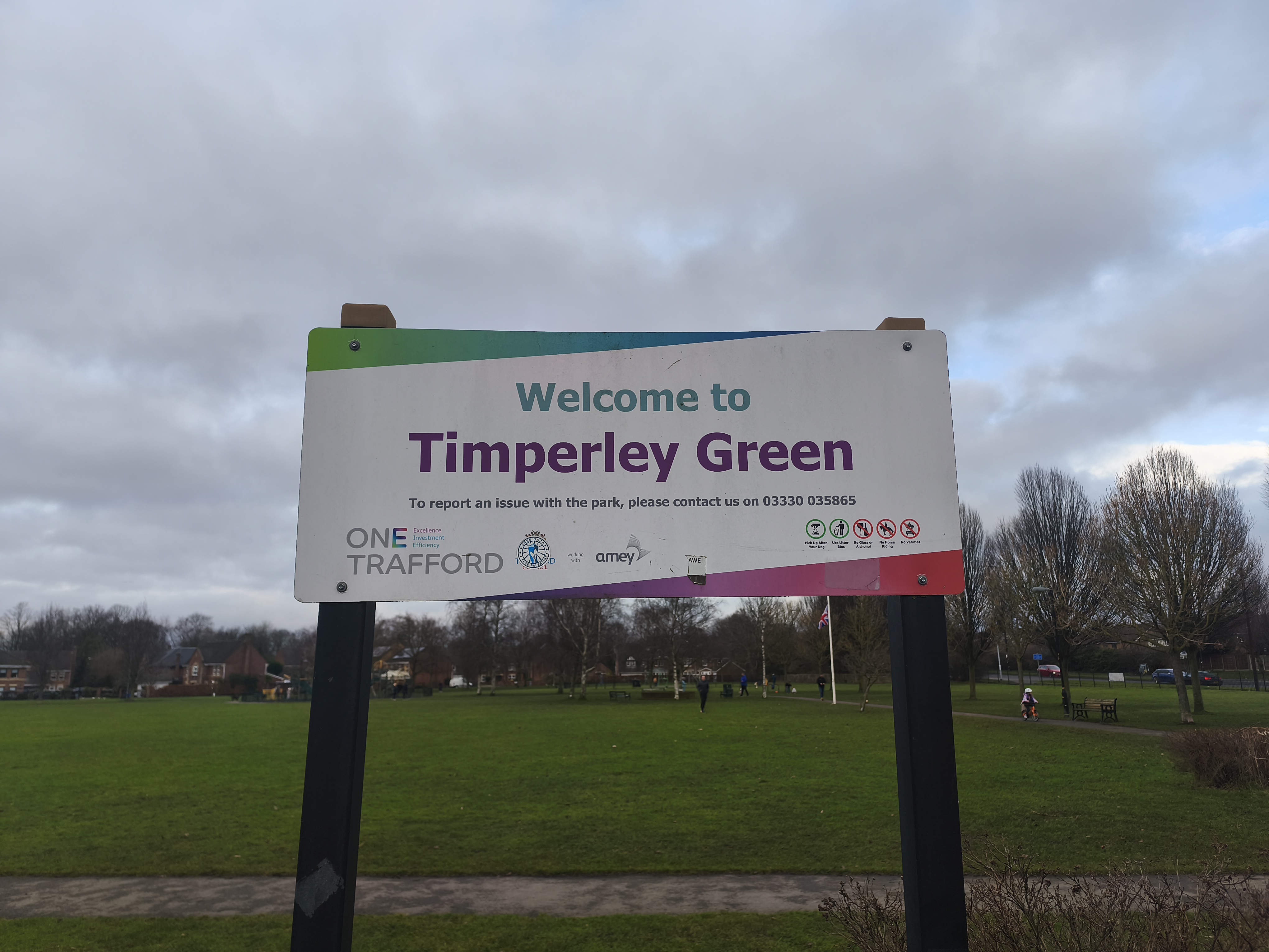The "Welcome to Timperley Green" sign at the Aimson Road West entrance at the south (1st February 2026).